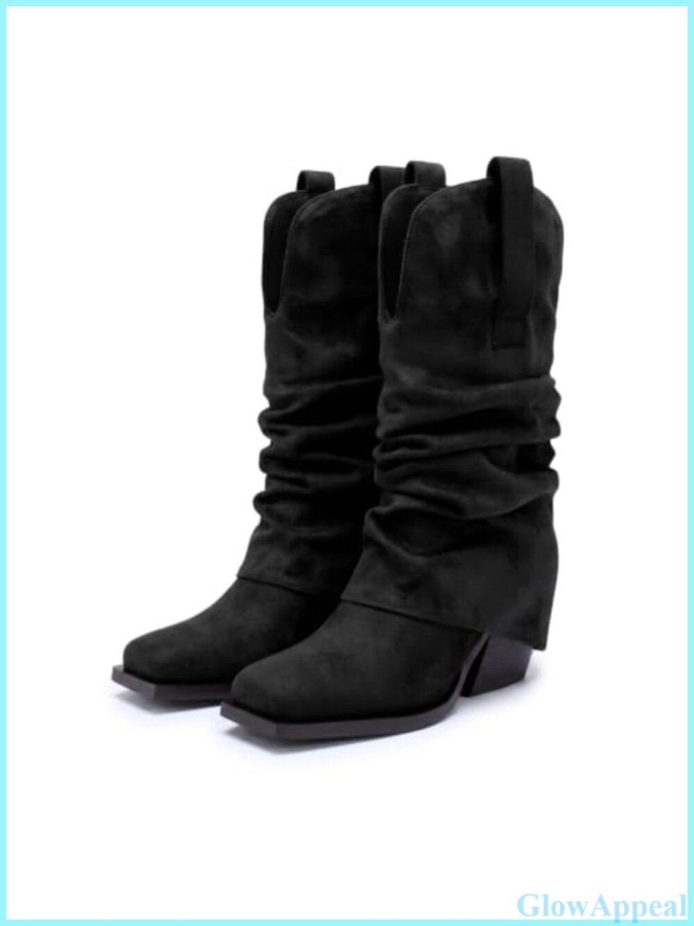 Faux Suede Slouchy Cowboy Boots Square Toe Chunky Block Heel Western